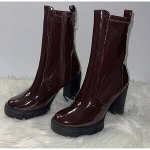 ALDO Women’s Ankle Boot Lug sole Dark Brown Platform Patent. New